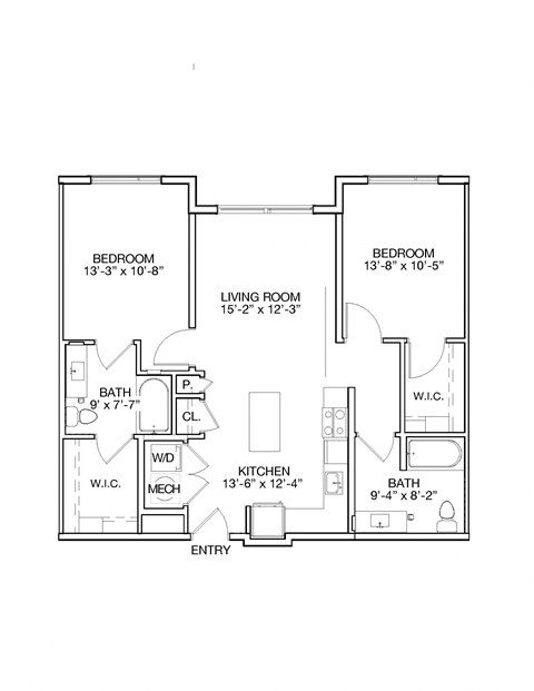 Floor plan for 2 beds, 2 baths, 1035 sqft